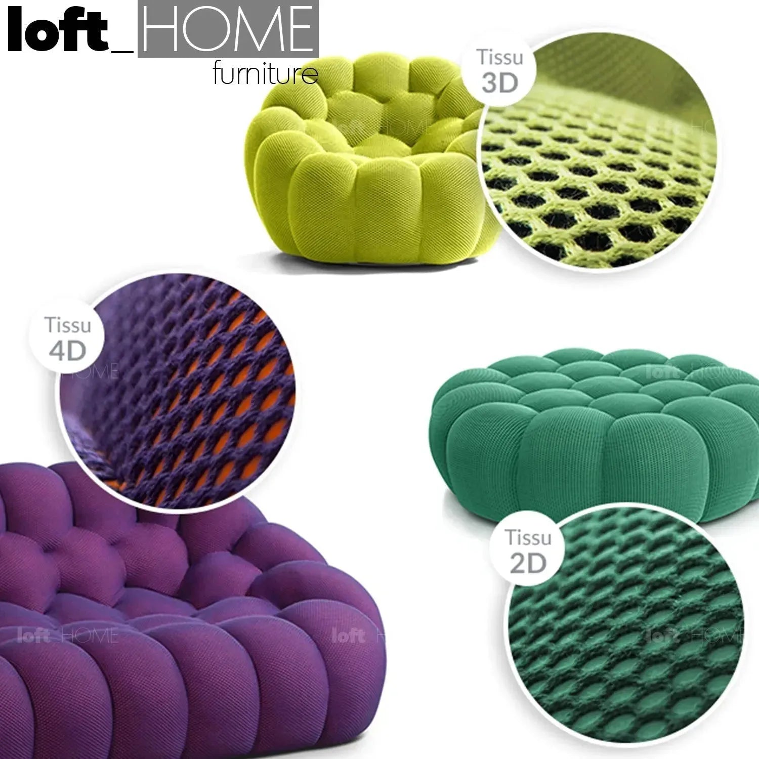 Contemporary fabric round ottoman bubble in real life style.