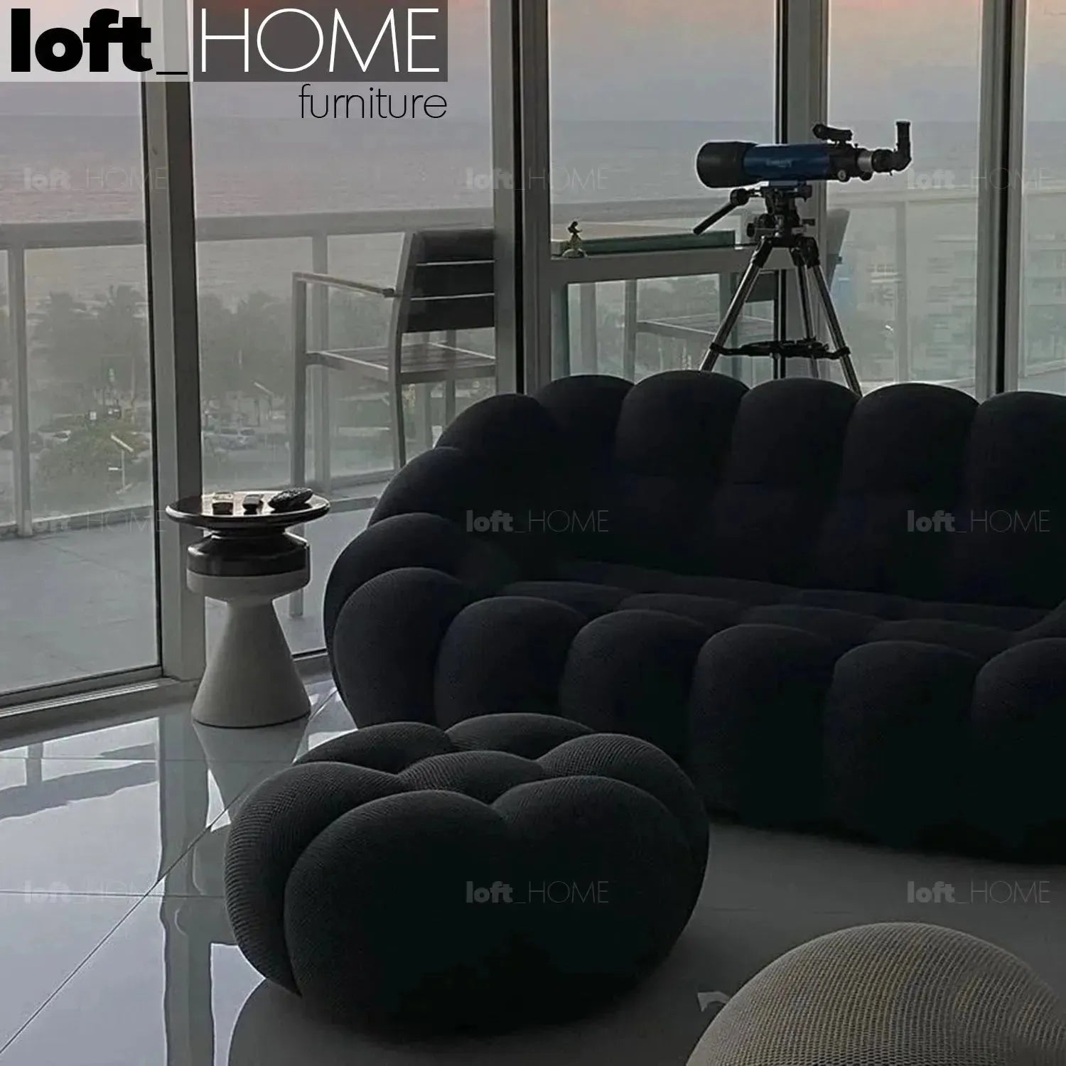 Contemporary fabric round ottoman bubble in details.