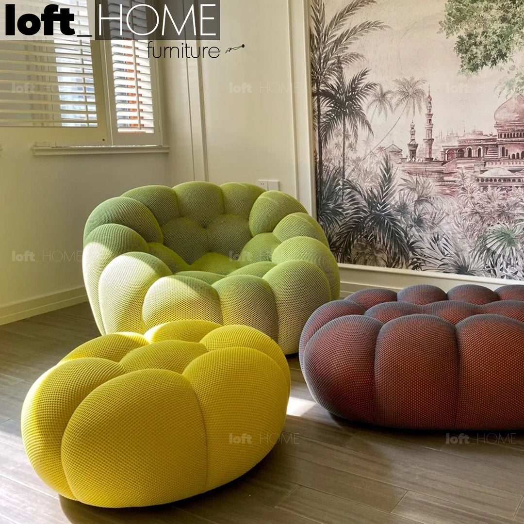 Contemporary fabric round ottoman bubble primary product view.
