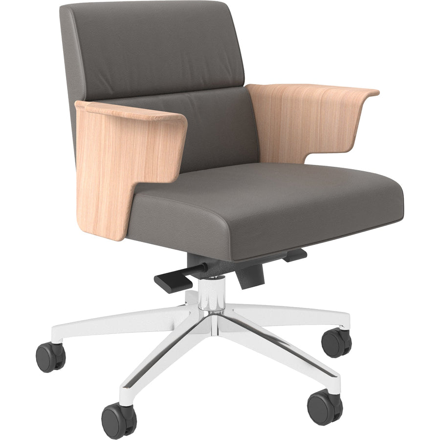 Contemporary genuine leather office chair wings bent plate in white background.