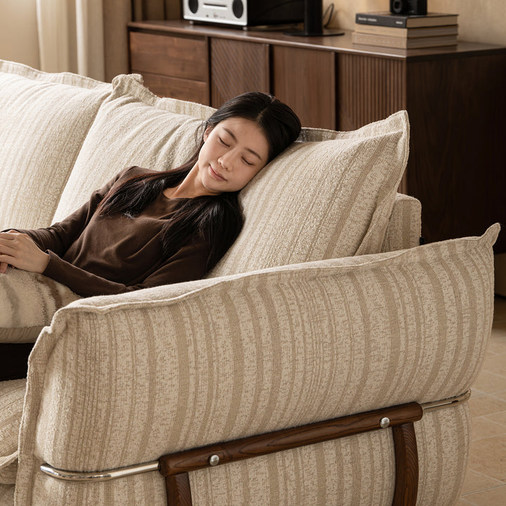 Cream boucle fabric 3 seater sofa circle material variants.