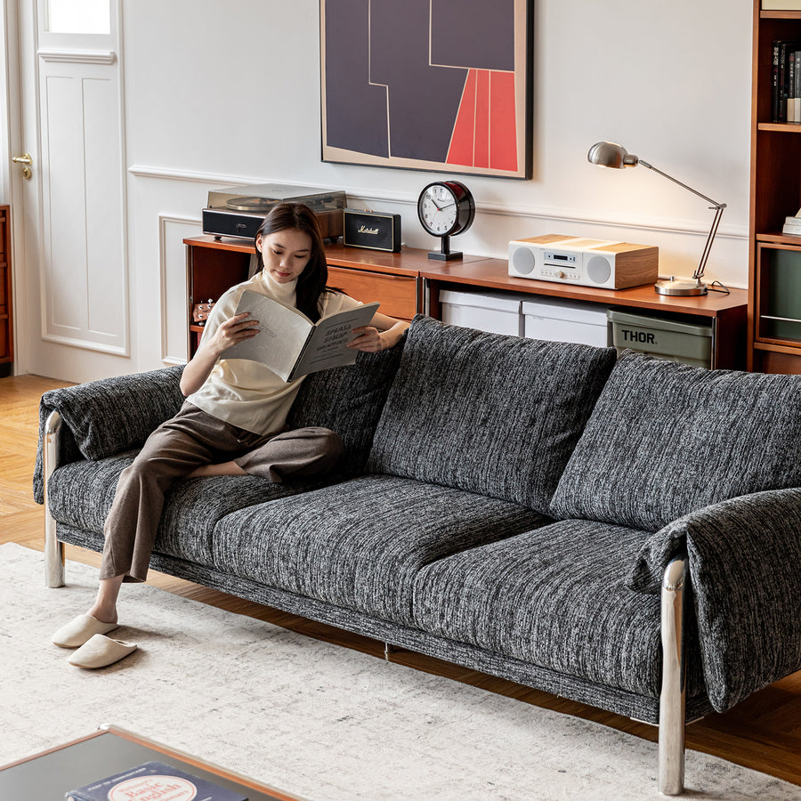 Cream boucle fabric 3 seater sofa song primary product view.