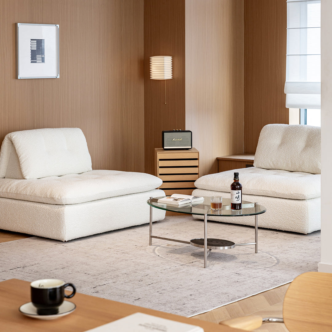 Cream boucle fabric modular 1 seater sofa bloc color swatches.