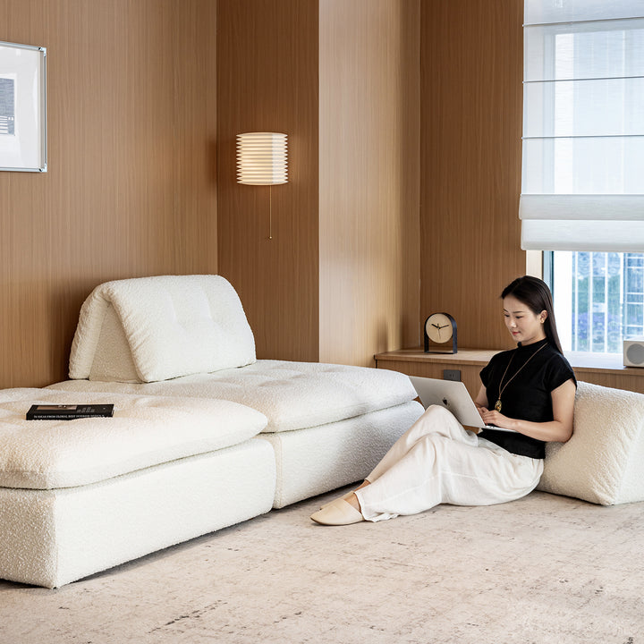 Cream boucle fabric modular 2 seater sofa couch bloc in real life style.