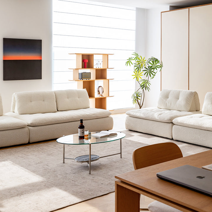 Cream boucle fabric modular 3 seater sofa couch bloc material variants.