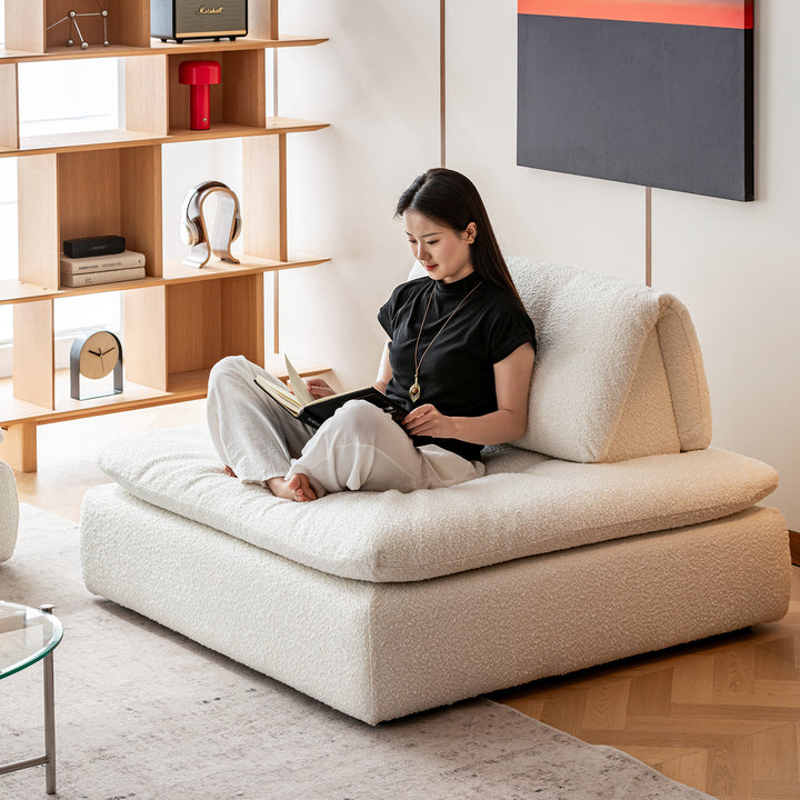 Cream boucle fabric modular 3 seater sofa couch bloc in details.