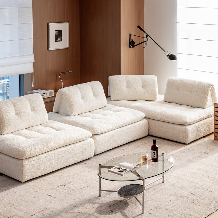 Cream boucle fabric modular 3 seater sofa couch bloc in close up details.