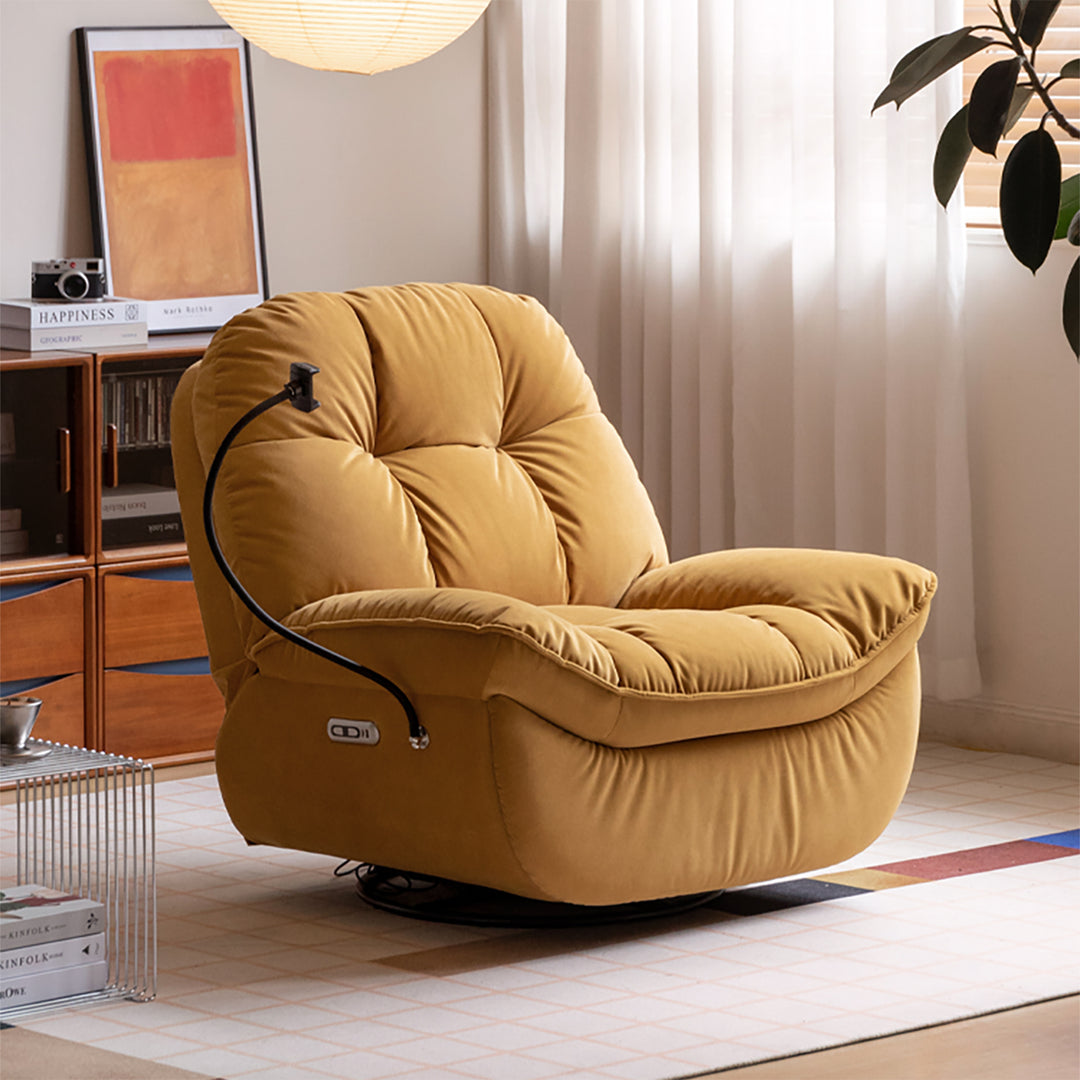 Cream cat scratch resistant fabric electric recliner 1 seater sofa with phone holder nesta in close up details.