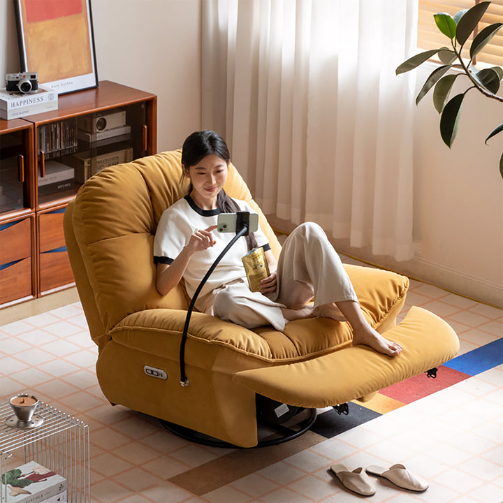 Cream cat scratch resistant fabric electric recliner 1 seater sofa with phone holder nesta in panoramic view.