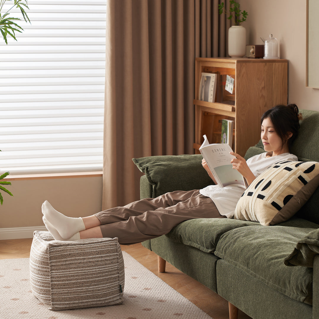 Cream chenille velvet fabric ottoman stripe in details.