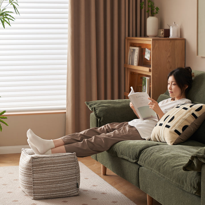 Cream chenille velvet fabric ottoman stripe in details.