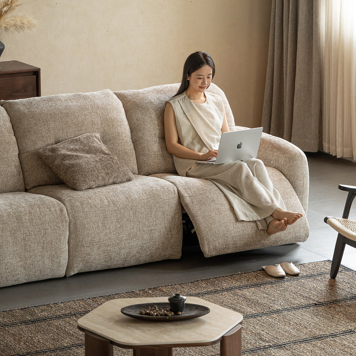 Cream chenille velvet fabric recliner 3 seater sofa mellow with context.
