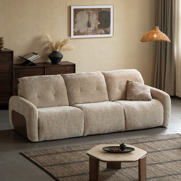 Cream chenille velvet fabric recliner 4 seater sofa mellow conceptual design.