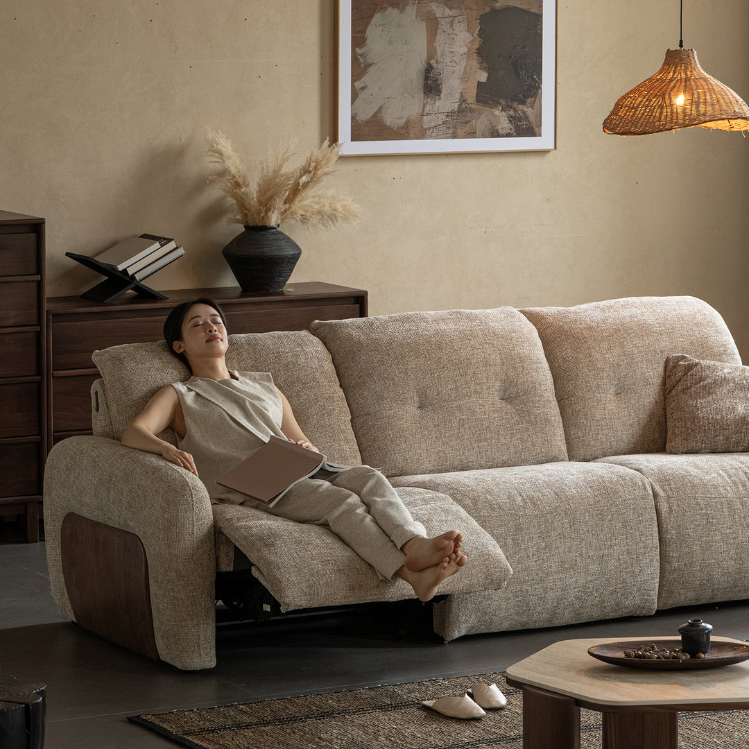 Cream chenille velvet fabric recliner 4 seater sofa mellow in still life.
