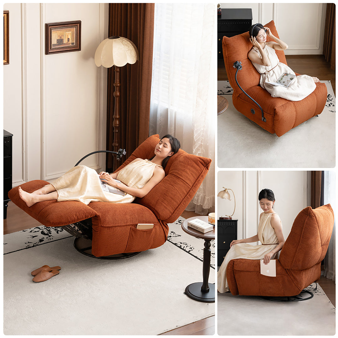 Cream corduroy velvet fabric electric recliner 1 seater sofa with phone holder chargeva in still life.