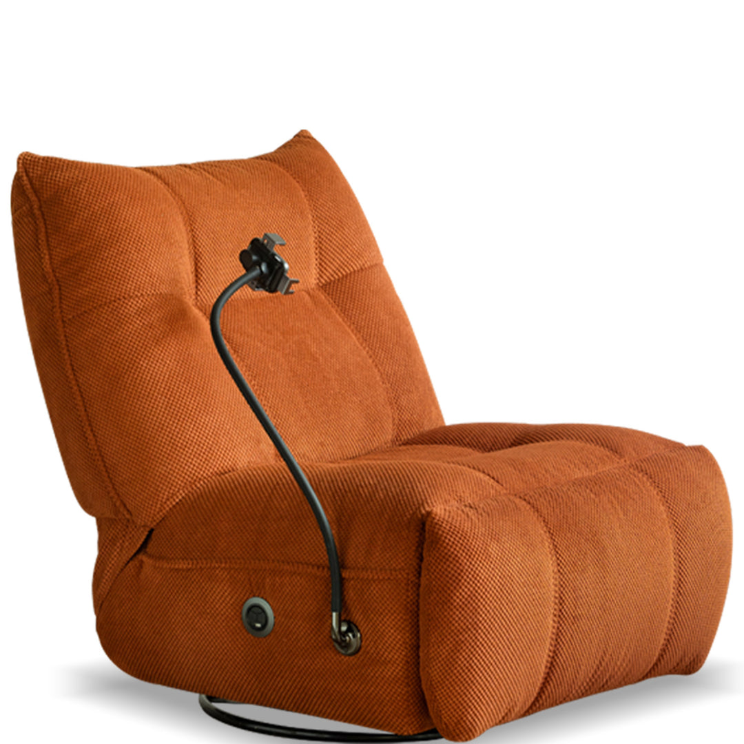 Cream corduroy velvet fabric electric recliner 1 seater sofa with phone holder chargeva in white background.