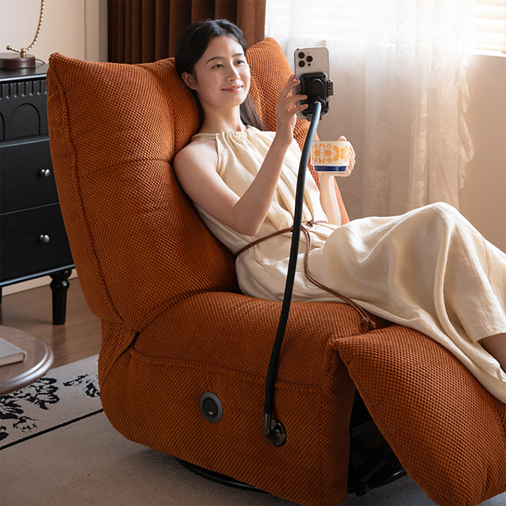 Cream corduroy velvet fabric electric recliner 1 seater sofa with phone holder chargeva in real life style.