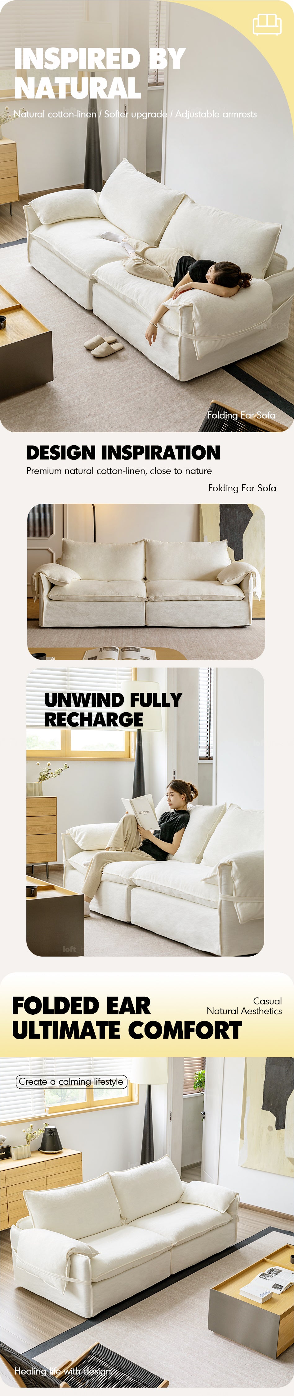 Cream Cotton Fabric 1 Seater Sofa FOLDING EAR Good to Know - 1