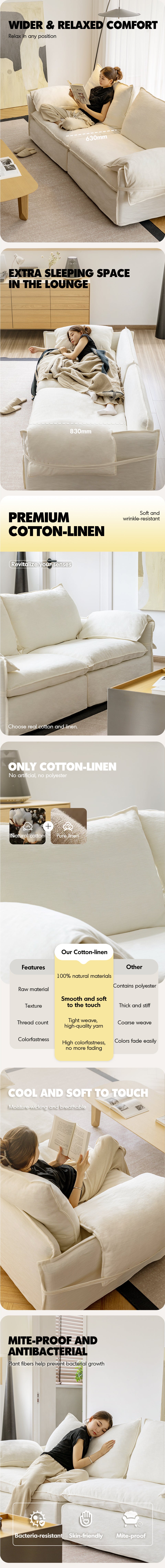Cream Cotton Fabric 1 Seater Sofa FOLDING EAR Good to Know - 6