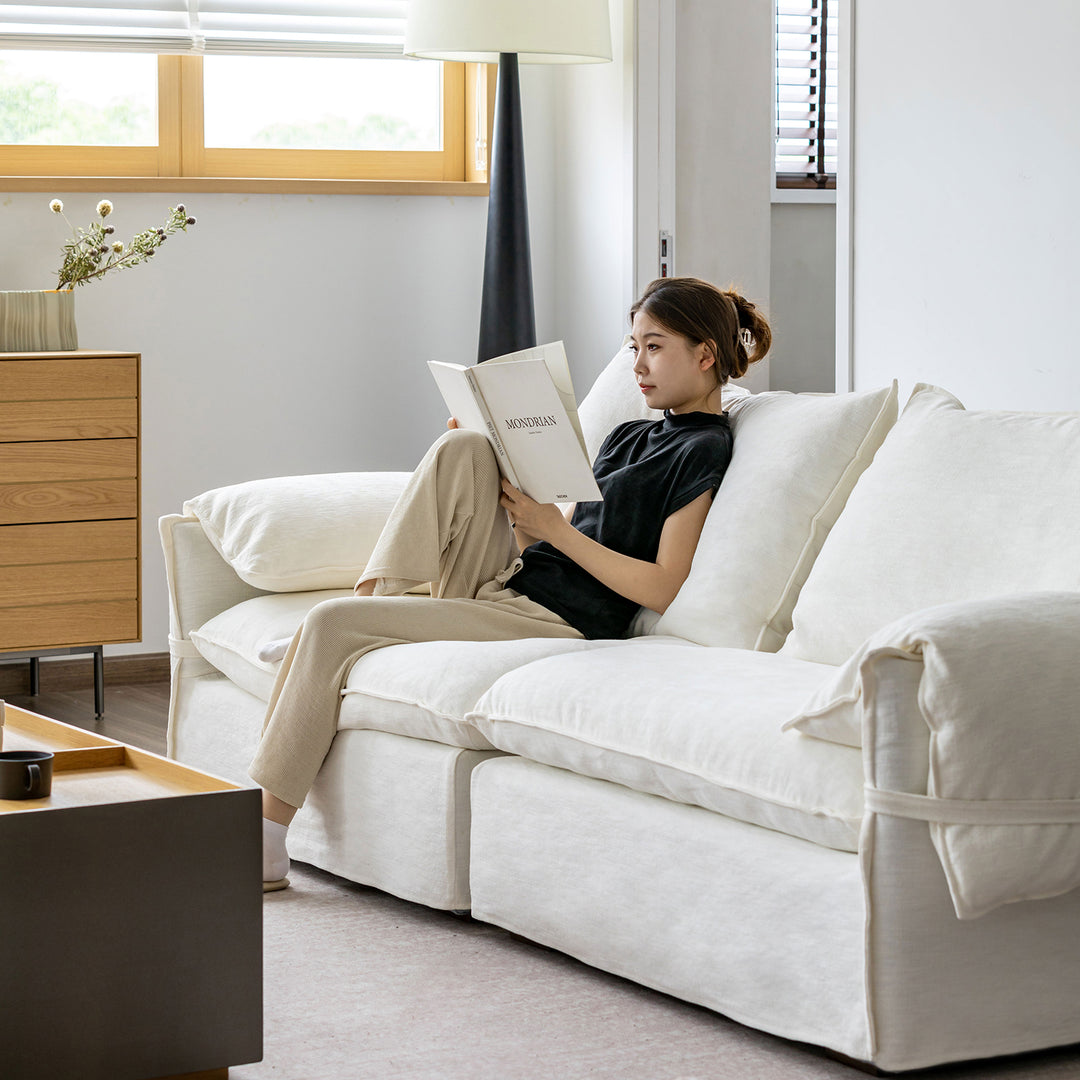 Cream cotton fabric 3 seater sofa folding ear color swatches.