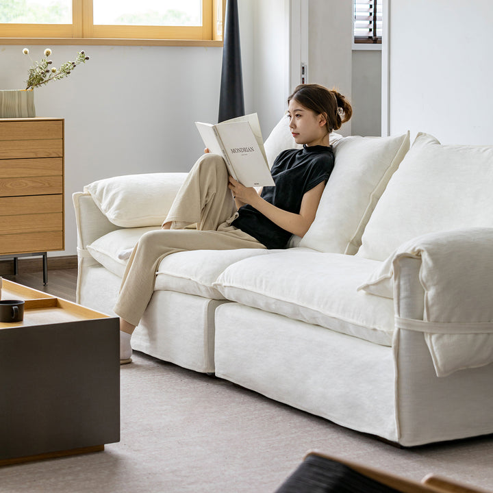 Cream cotton fabric 4 seater sofa folding ear color swatches.