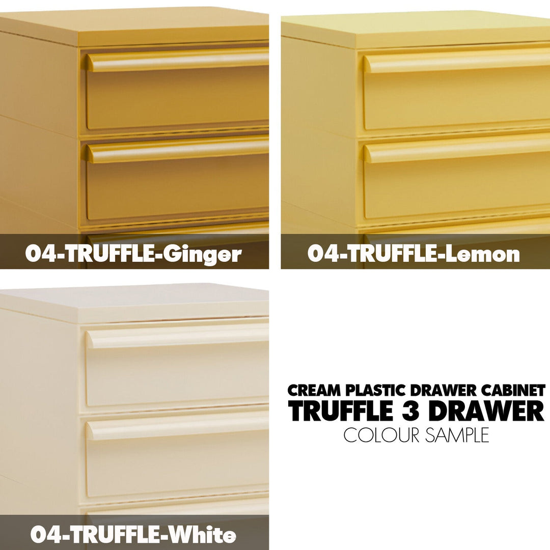 Cream plastic drawer cabinet truffle 3 drawer material variants.
