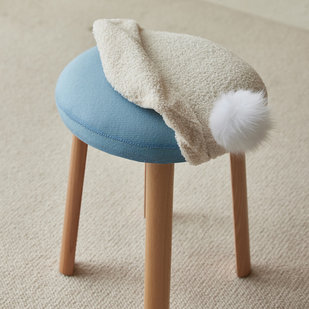 Cream teddy boucle fabric dressing stool amilan with context.