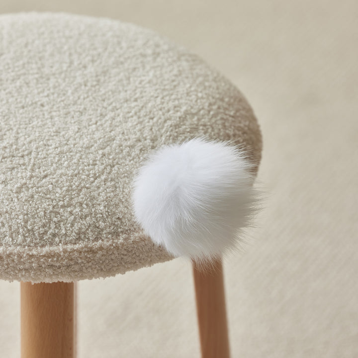 Cream teddy boucle fabric dressing stool amilan in close up details.