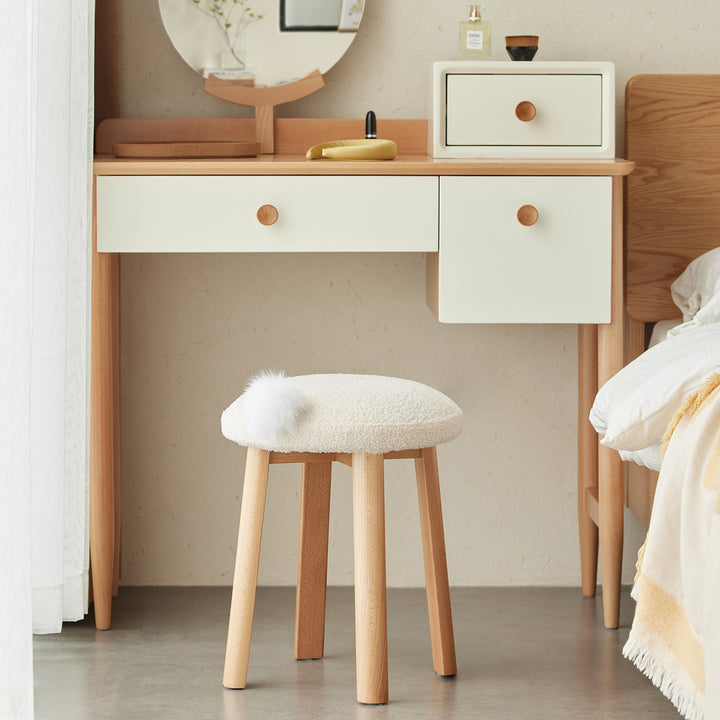 Cream teddy boucle fabric dressing stool amilan in panoramic view.