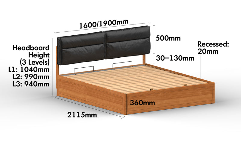 Scandinavian Cherry Wood Cushion Lift-Up Storage Bed With Drawer KANGAROO Size Chart