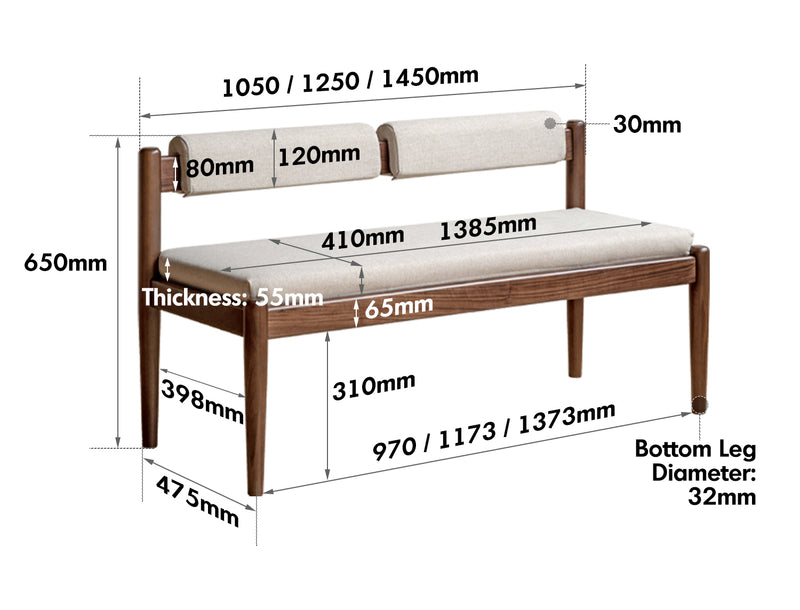 Japandi Oak Wood Mixed Weave Fabric Dining Bench PILLAR WALNUT Size Chart