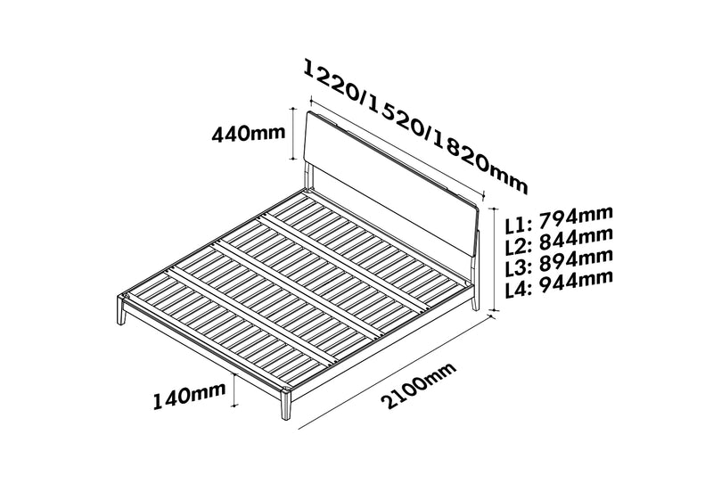 Scandinavian Oak Wood Bed SOLID Size Chart