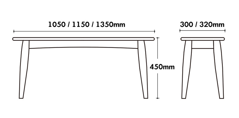 Scandinavian Oak Wood Dining Bench GREEN Size Chart