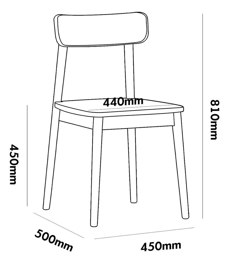 Line drawing of a chair with dimensions labeled