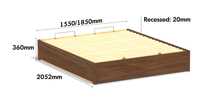Japandi Walnut Wood Lift-Up Storage Platform Bed With Drawer KANGAROO Size Chart