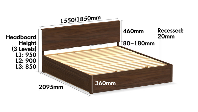 Japandi Walnut Wood Lift-Up Storage Bed With Drawer KANGAROO Size Chart