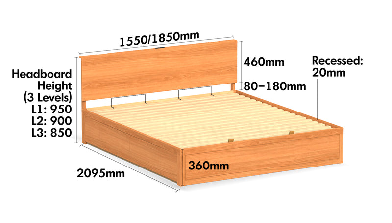 Scandinavian Cherry Wood Lift-Up Storage Bed With Drawer KANGAROO Size Chart