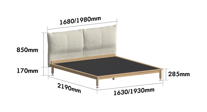 Minimalist Cotton Fabric Oak Wood Bed EVIA Size Chart