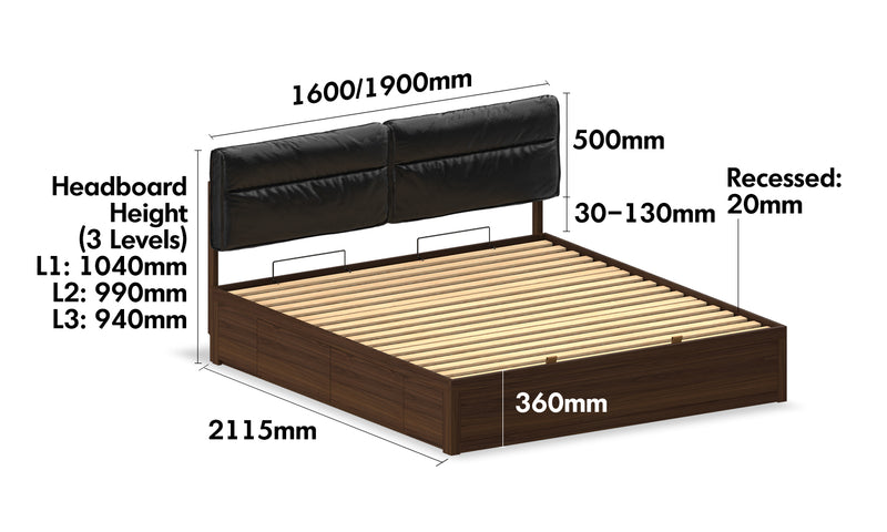 Japandi Walnut Wood Cushion Lift-Up Storage Bed With Drawer KANGAROO Size Chart