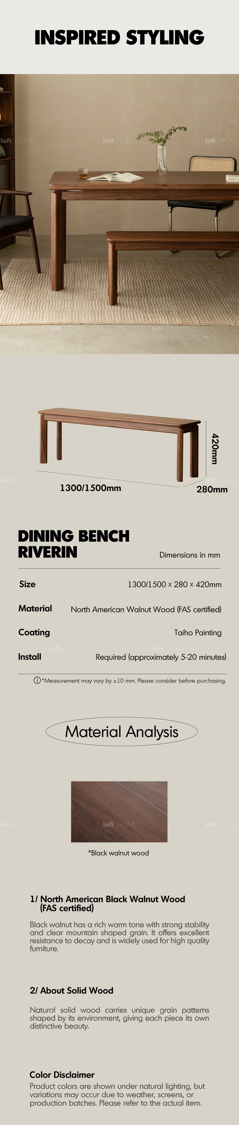 Japandi Walnut Wood Dining Bench RIVERIN Good to Know - 4