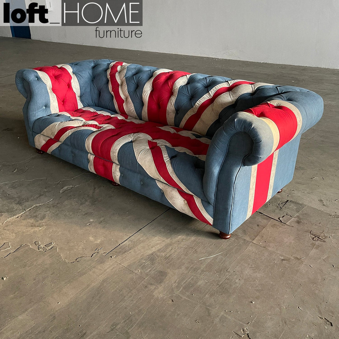 (Fast Delivery) Vintage Denim Fabric 3 Seater Sofa UNION JACK CHESTERFIELD Life Style