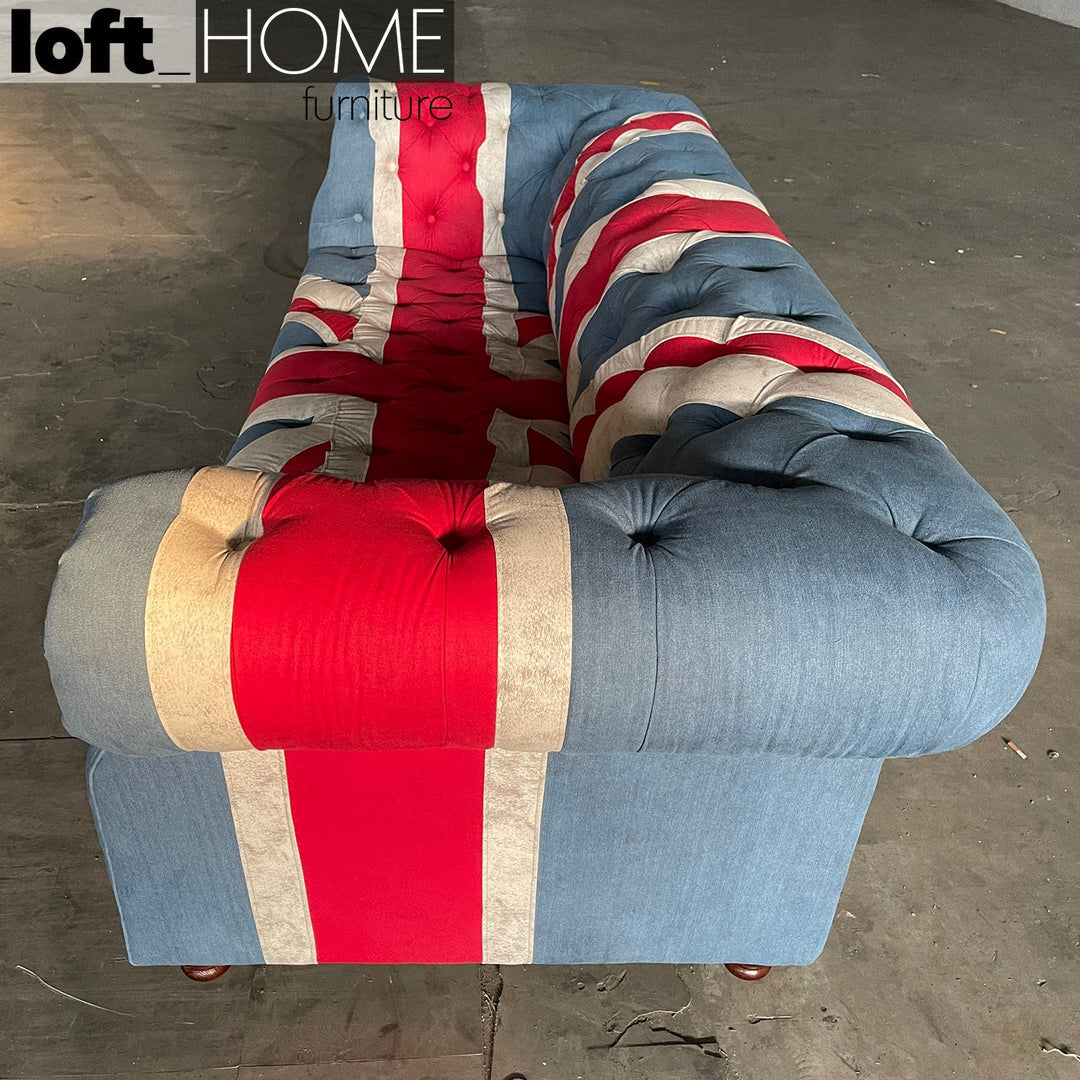 (Fast Delivery) Vintage Denim Fabric 3 Seater Sofa UNION JACK CHESTERFIELD In-context