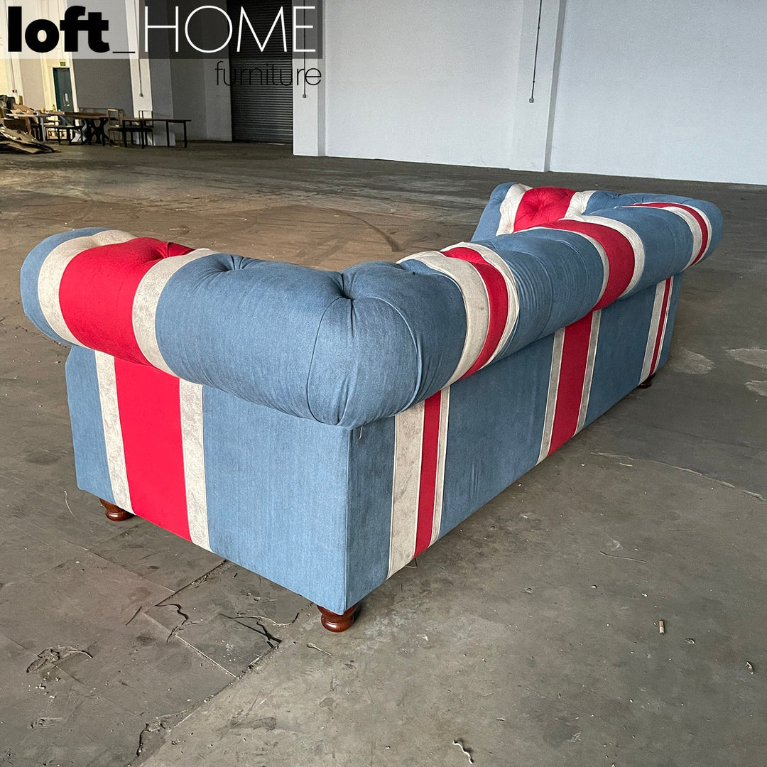 (Fast Delivery) Vintage Denim Fabric 3 Seater Sofa UNION JACK CHESTERFIELD Detail