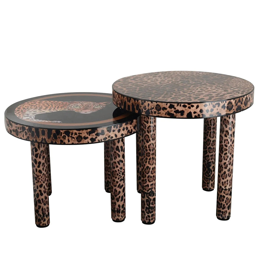 Eclectic wood coffee table leopard in white background.