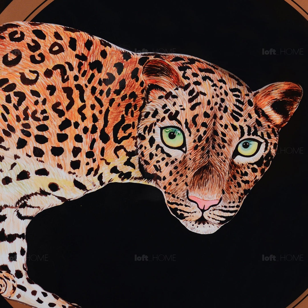 Eclectic wood coffee table leopard in details.