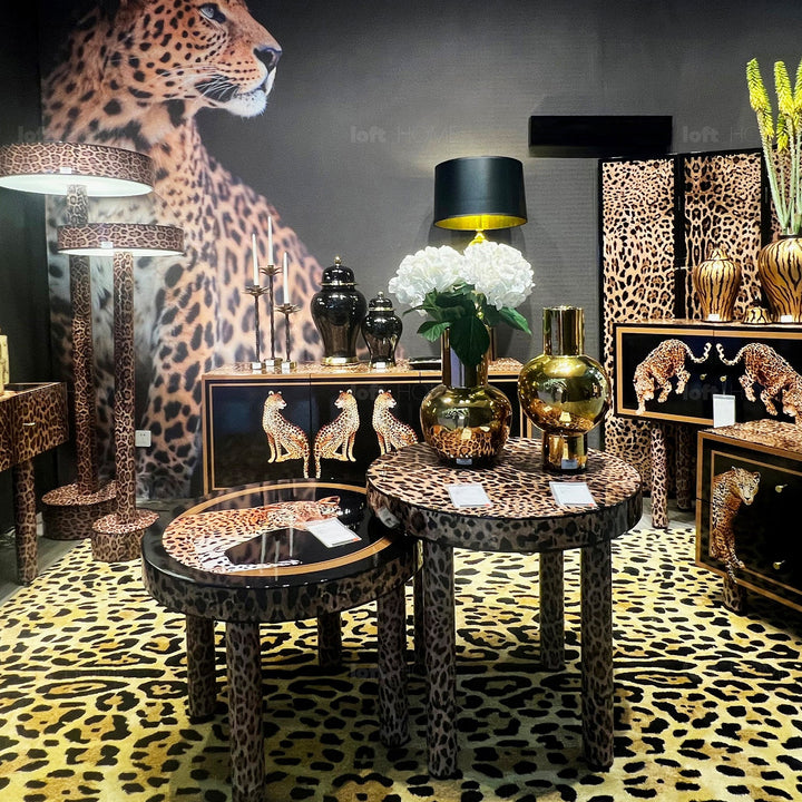 Eclectic wood coffee table leopard in real life style.