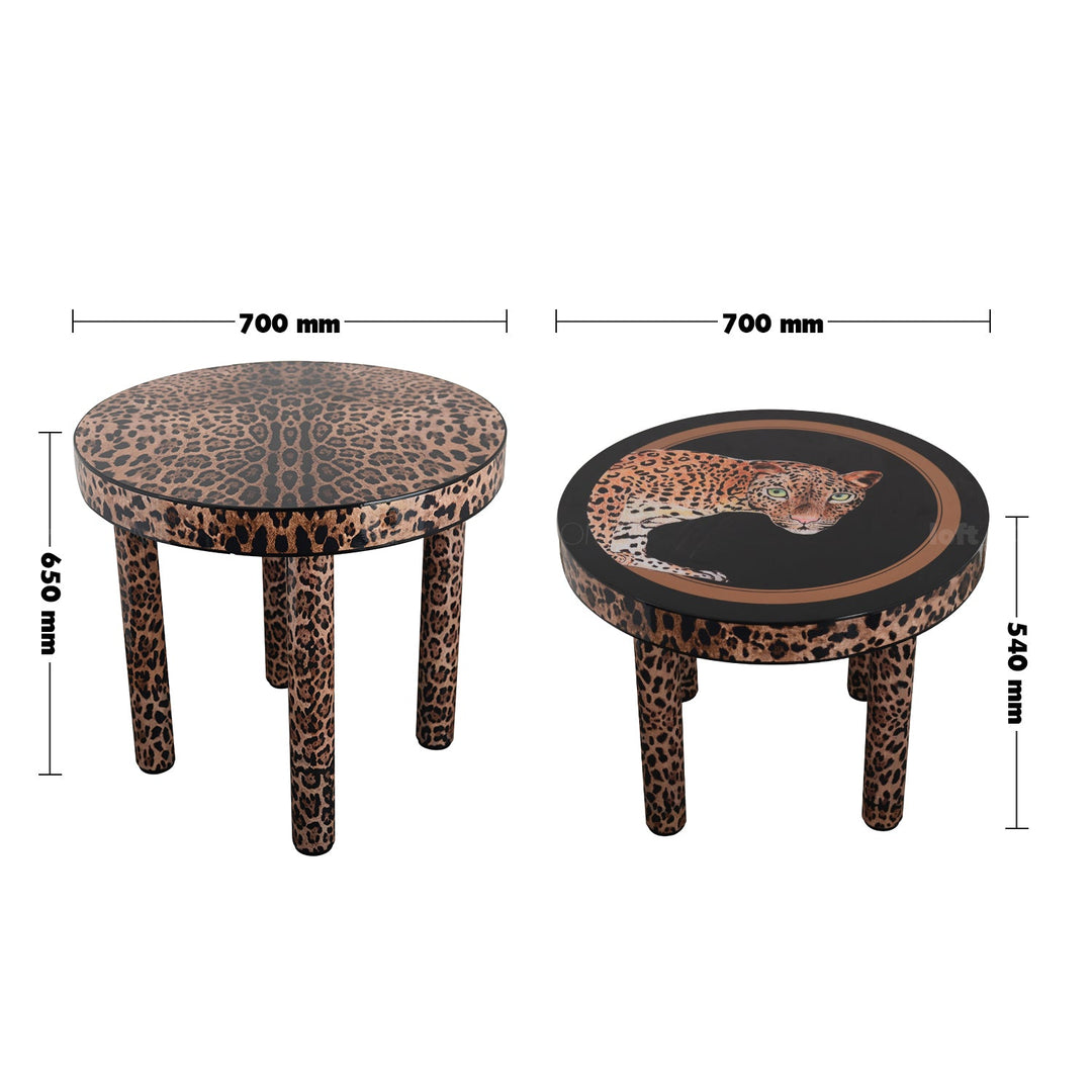 Eclectic wood coffee table leopard color swatches.