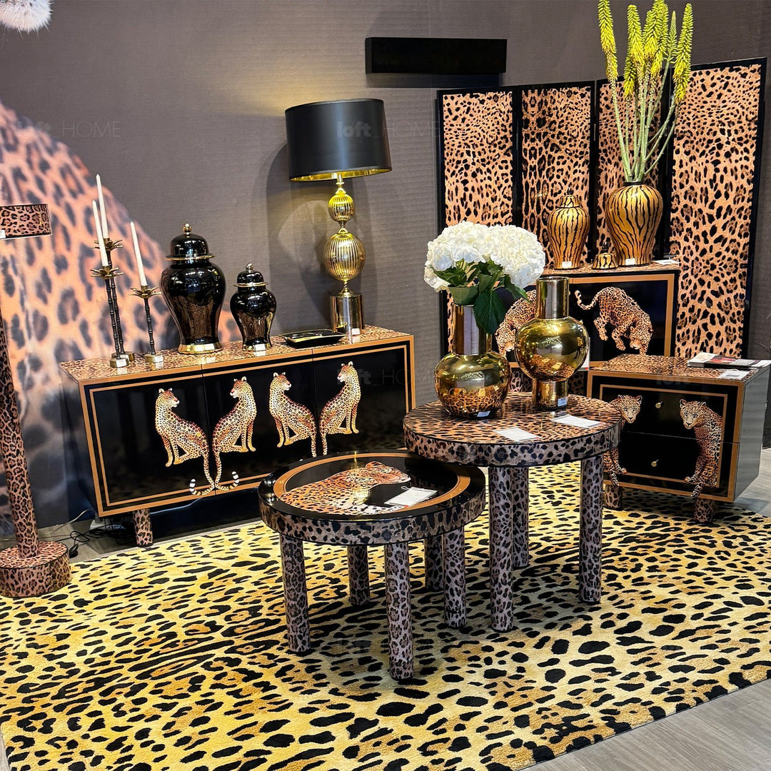 Eclectic wood coffee table leopard material variants.