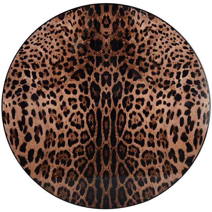 Eclectic wood coffee table leopard in panoramic view.