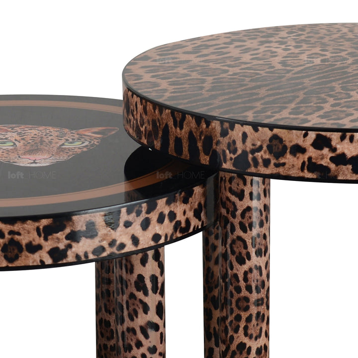 Eclectic wood coffee table leopard layered structure.